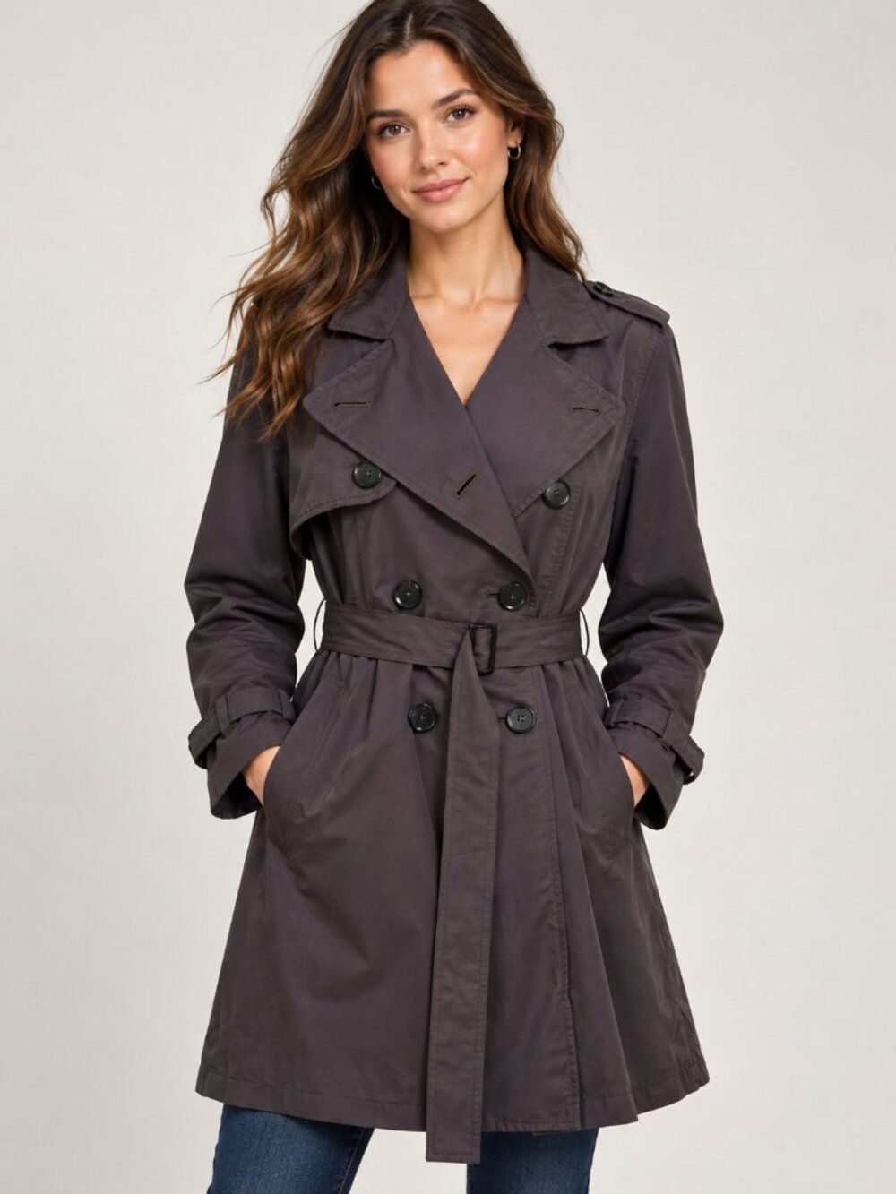 GAP Womens Graphite Gray Pleated Trench Coat Medium Belted Double Breasted Lined